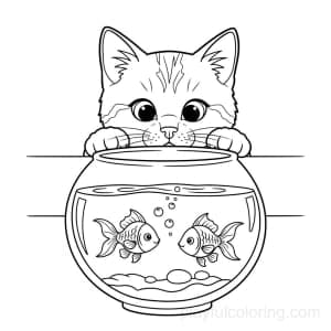 A cat peeking into a goldfish bowl.