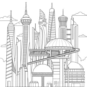 A futuristic city skyline with domes and tall towers and sky bridges.