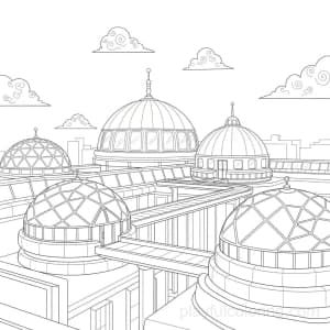A futuristic city rooftop garden with domes and walkways, tiny clouds.