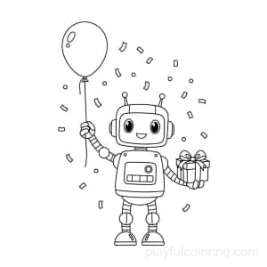 A robot with a balloon and gift box, celebratory confetti.