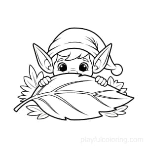 An elf peeking from behind a leaf, pointy ears visible, playful.