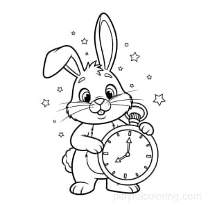 A rabbit with a pocket watch, surprised yet friendly, centered, tiny stars.