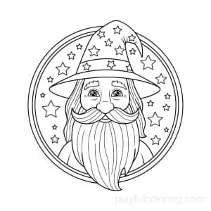 A wizard portrait in a circle frame, long beard, star icons, centered.