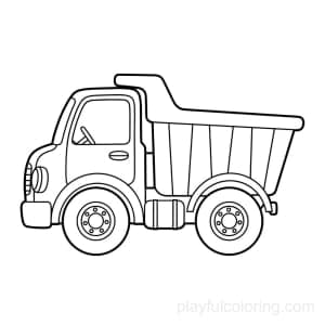 A dump truck in side view with a small load box, friendly shape, circular wheels, clean outline.