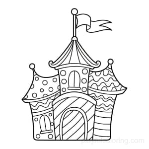 A funhouse front with simple patterns and a flag, calm scene, friendly composition, clean lines.