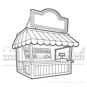 An amusement park snack stand outline with an awning and a sign, calm scene, friendly layout, clean lines.