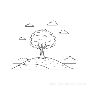A tree on a small hill with tiny clouds and a calm horizon.
