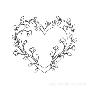 Folk heart motif outline with floral vines, centered, friendly curves.
